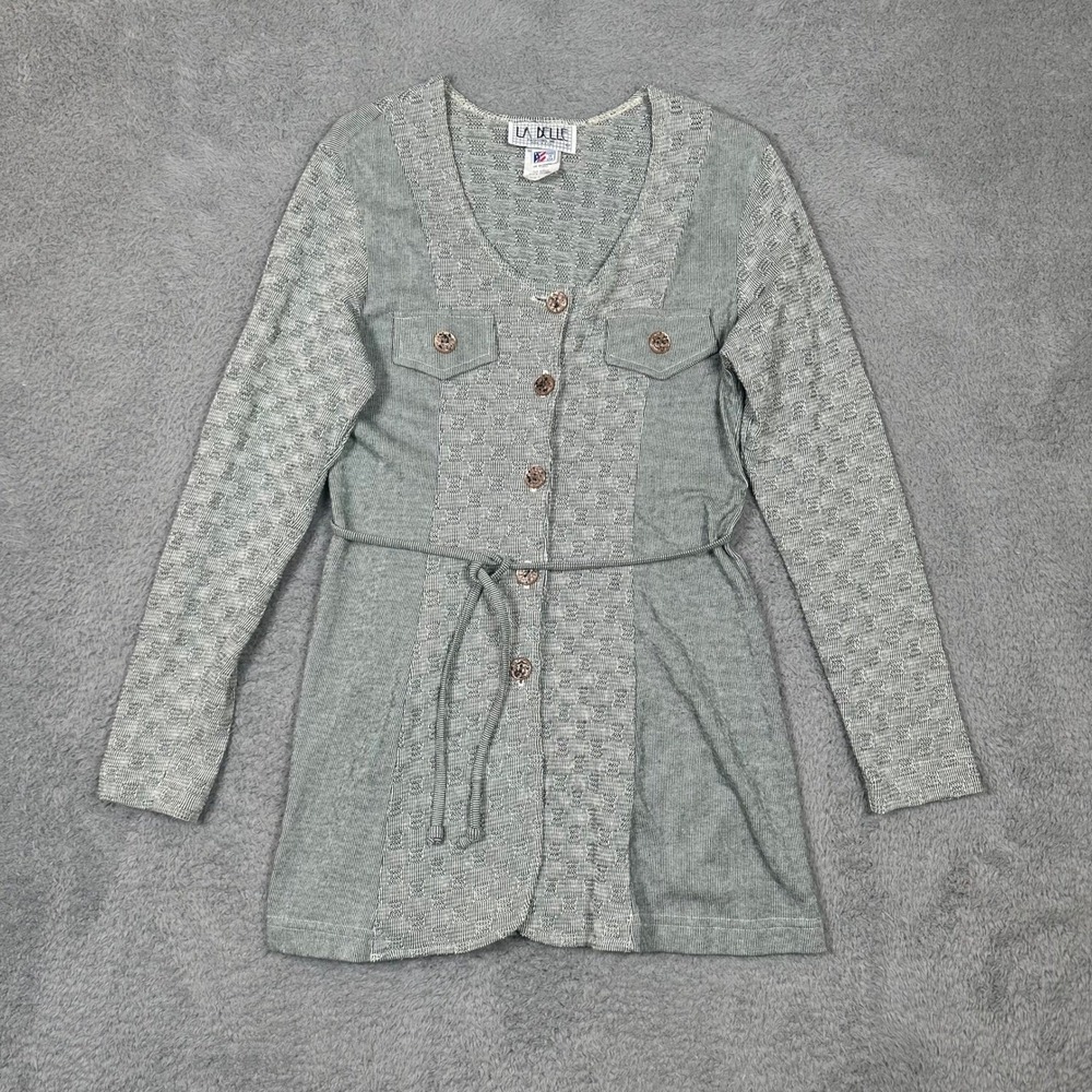 Vintage La Belle Fashions Womens Large Green Cotton Knit Belted Cardigan USA Y2K